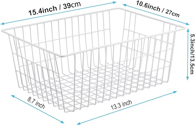 iPEGTOP Wire Storage Freezer Baskets, Set of 2 Large 15.4" Household Metal Organizer Storage Bins Basket for Kitchen Cabinets, Refrigerators, White