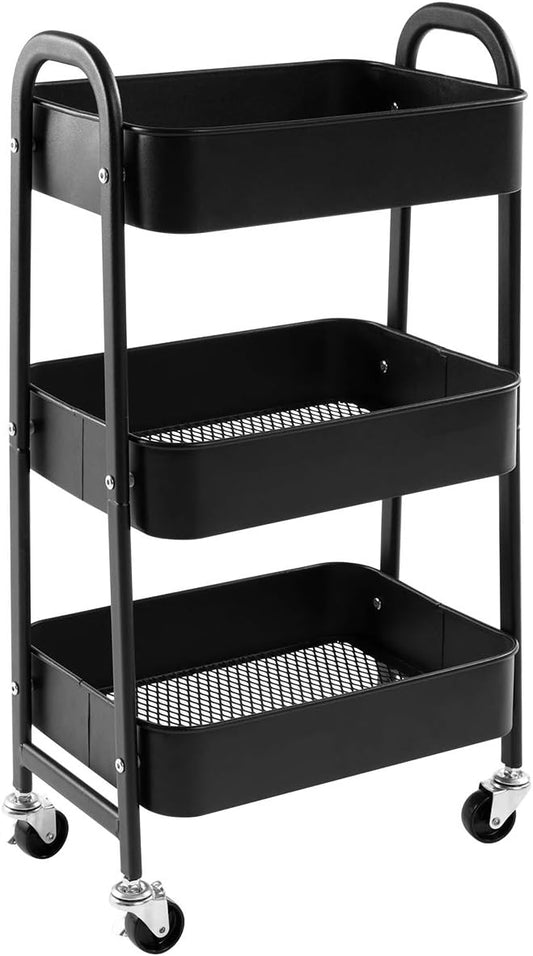 AGTEK Makeup Cart, Movable Rolling Organizer Cart, Black 3 Tier Metal Utility Cart-NeatNest