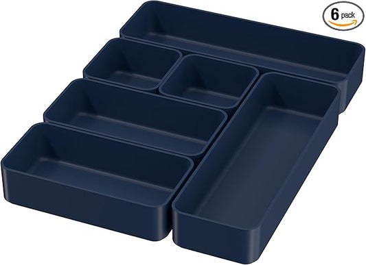 Drawer Organizers, Storage Plastic Desk Bins Stackable Organizers Tray, Bathroom Dividers Small Makeup Bin Clothes Organizing Trays for Containers Vanity Office Cabinet Sliverware Set, Blue-NeatNest