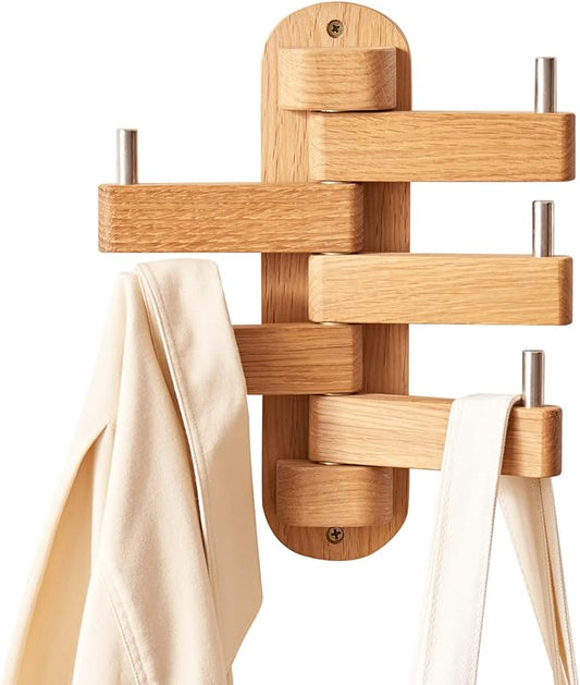 Coat Hooks for Wall, Oak Wood Wall Hooks with 5 Swivel Foldable Arms, 12'' Length Coat Rack Hat Hooks for Bathroom Entryway Bedroom Office Kitchen, Heavy Duty (Natural)-NeatNest