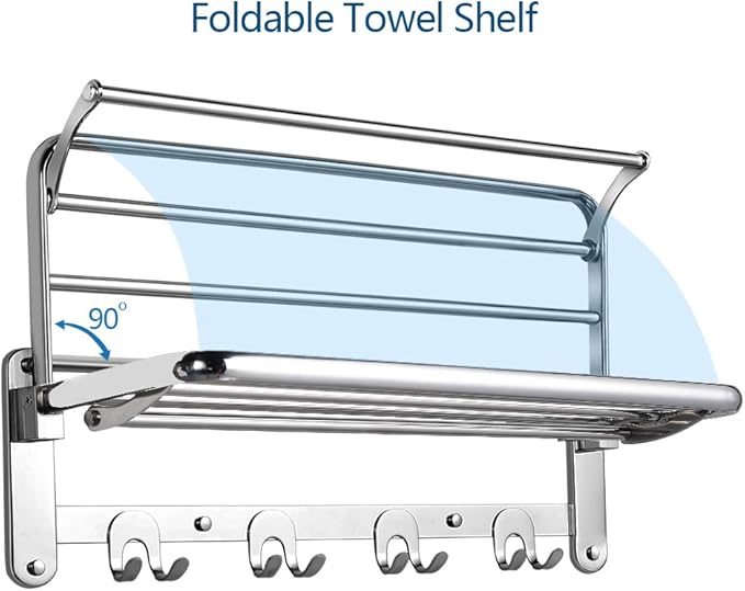 HOONEX Foldable Towel Rack for Bathroom Wall Mounted, 24 Inch Towel Shelf with Towel Hooks and Adjustable Towel Bar, 304 Stainless Towel Holder, Polished Silver