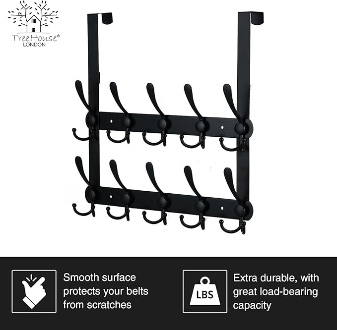 Over The Door Tri Hook Door Hanger, Belt Organizer Rack, 30 Coat Hooks, 2-Tier Holds Over 60 Belts, Heavy Duty Metal Towel Hanger with Triple-Hook Design, Over Door Coat Towel Rack, Back of Bathroom.