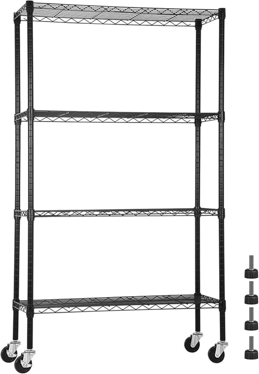 4 Tier Wire Shelving Unit 62" H x 36L x 14D Heavy Duty Metal Shelf 1400Lb Capacity Storage Shelves w/Wheels Adjustable Kitchen Storage Racks Wire Shelves for Pantry Garage, Black
