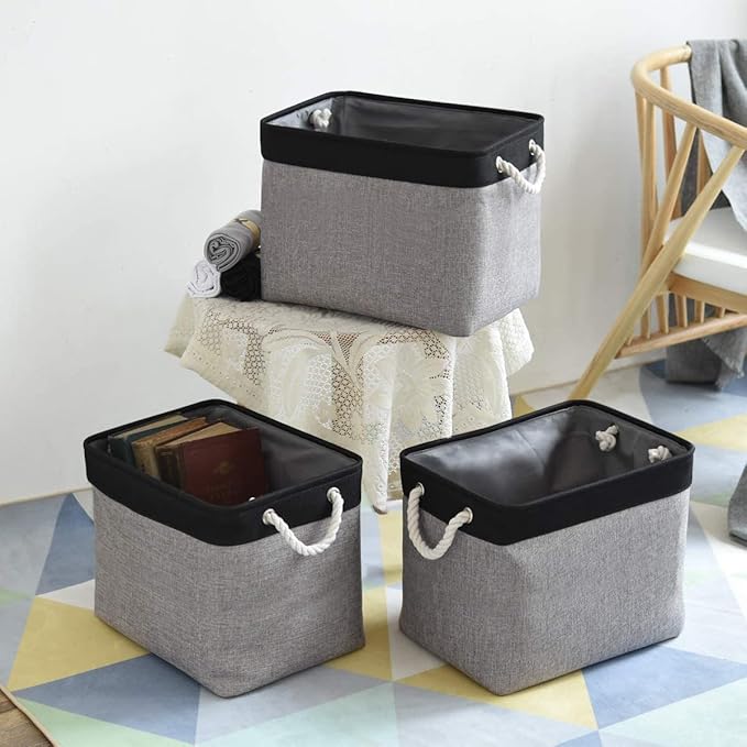 TheWarmHome Storage Basket for Organizing - 16x12x12 inch Cube Storage bin 3 Pack Fabric Storage Cubes, Collapsible Storage Box for Organizer Cloth Gift Toy Closet (Black & Grey)-NeatNest