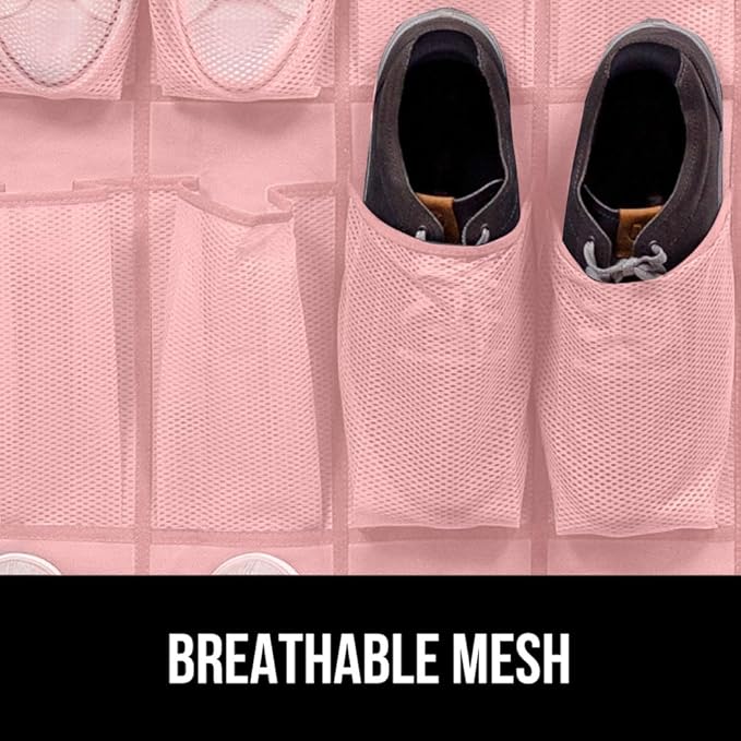 GORILLA GRIP Over the Door Shoe Organizer, 24 Large Breathable Mesh Pockets, Space Saving Hanging Storage Holder, Closet Rack Hanger Holds Up to 40 lbs, Hangs on Closets for Shoes, Accessories, Pink-NeatNest