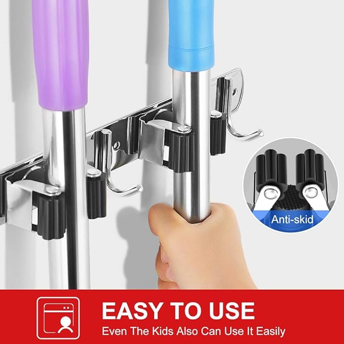 IMILLET 2 Pack Broom and Mop Holder Wall Mounted, Stainless Steel Broom Holder Mop Holder Self Adhesive Heavy Duty Hooks Storage Organizer for Home Laundry Room Garden Garage Closet Kitchen-NeatNest