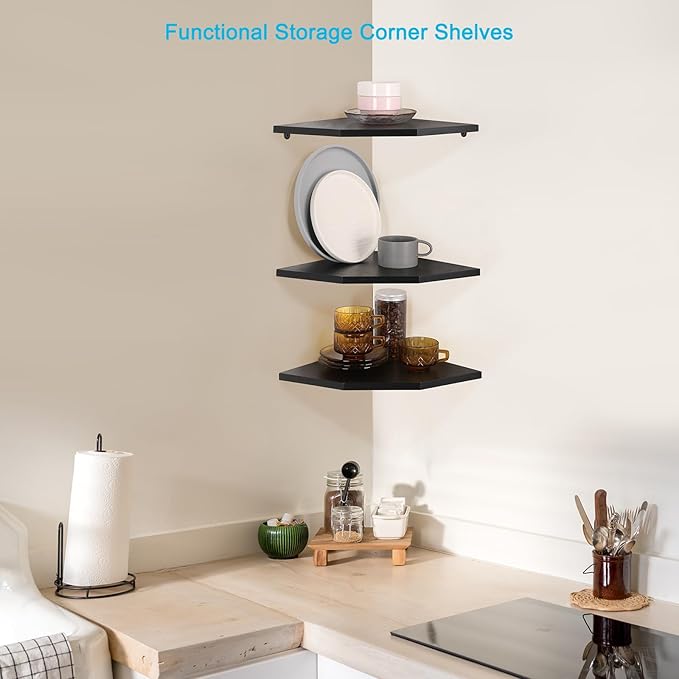Corner Wall Shelves, Wood Corner Floating Shelves with Cable Raceway, Wall Mount Storage Display for TV Accessories, Monitor, Speaker, Cable Box, Game Console (Black, Diamond- 12 Inch)-NeatNest