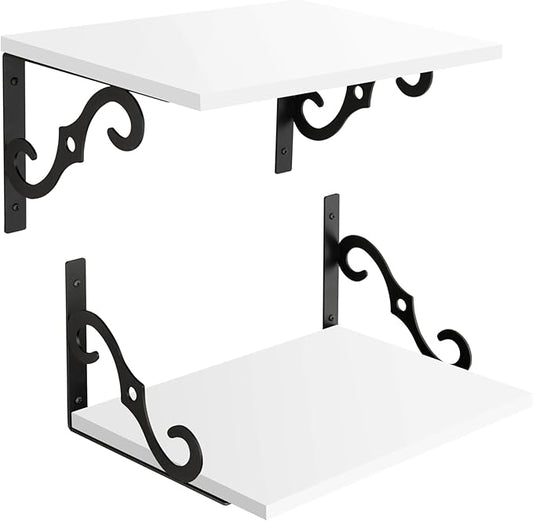 DINZI LVJ Deep Floating Shelves, 16" W x 12" D Wall Shelves Set of 2, Wide Display Shelf Wall Mounted with Brackets, Easy-to-Install Wall Bookshelf for Living Room, Bathroom, Bedroom, White-NeatNest