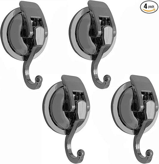 Heavy Duty Vacuum Suction Shower Hooks - Glass Suction Cup Hooks, Bathroom Robe Hooks, Reusable, No Hole Punched, for Garland Decoration (Silver Grey, 4 Pack)