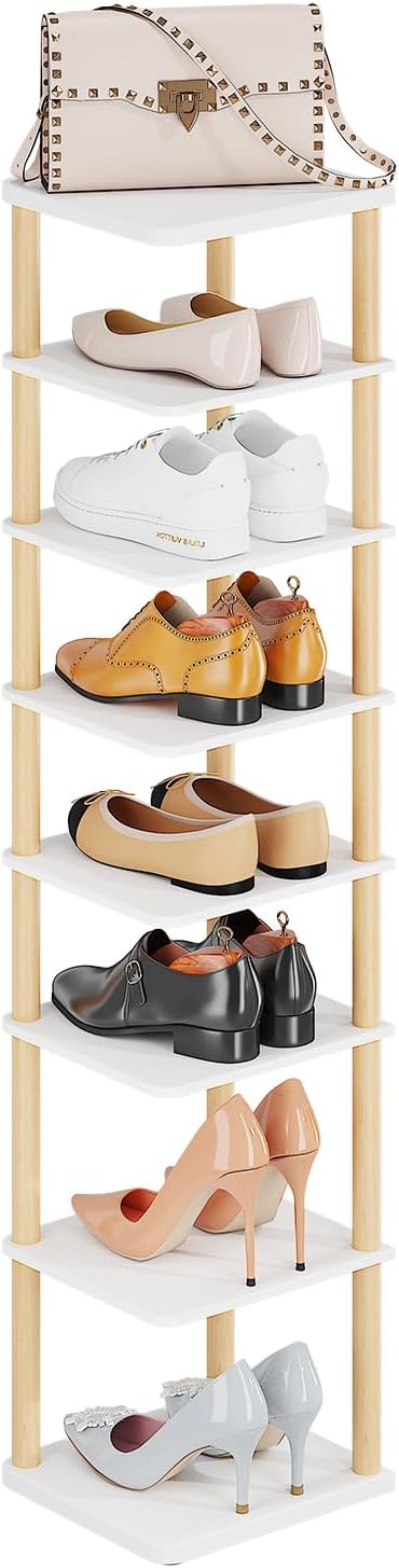 LUCKNOCK Vertical Shoe Rack, 8-Tier Tall Narrow Shoe Organizer for Entryway, Closet, Dorm & Small Spaces, Freestanding White Wooden Shoe Shelf Tower for Boots, Sneakers, Heels.-NeatNest