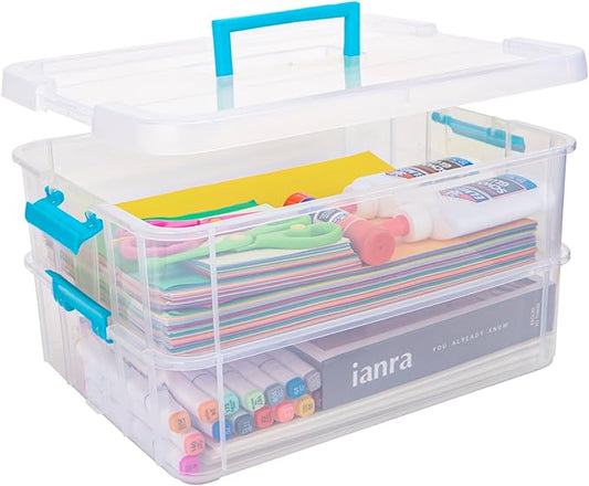 2 Layer Plastic Storage Containers with Lids, Multipurpose Clear Stack & Carry Box, Portable Craft Organizers and Storage Bin for Organizing Art & Craft, Sewing, Makeup, Nail Supplies (Blue)