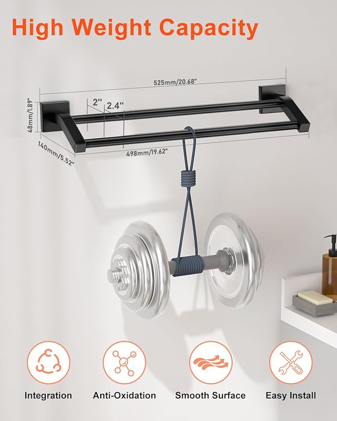 Alise Bath Double Towel Bars Towel Racks for Bathroom,Wall Mount Towel Holder 20-Inch Heavy Duty SUS304 Stainless Steel Towel Hanger Rail,GK9500-B Matte Black