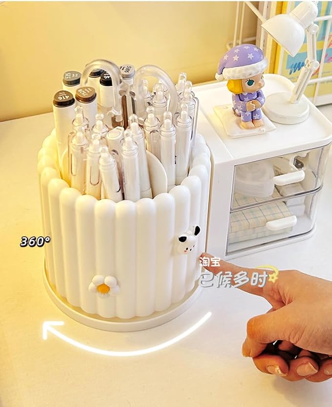 Makeup Organizer Countertop,360 Rotating Makeup Brush Holder with 2 Drawer Organizer, Small Preppy Kids Desk Organizer|9.25x5.11inch|White-NeatNest