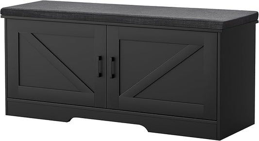 2-Tier Storage Bench, Shoe Bench with Padded Seat Cushion, Entryway Bench with 2 Barn Doors, Adjustable Shelf, 13.8" D x 39.4" W x 17.7" H, for Entryway, Living Room, Bedroom, Black-NeatNest