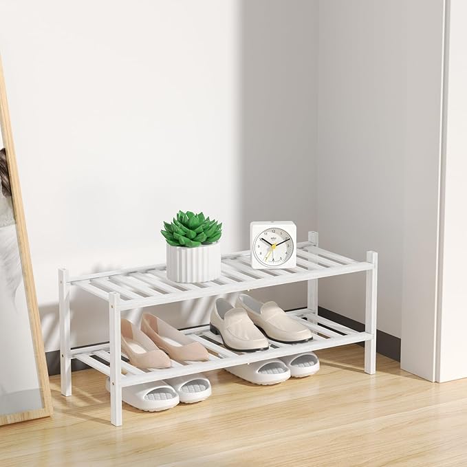 Shoe Rack, 2 Tier Bamboo Shoe Rack for Closet, Stackable Wooden Shoe Organizer, Free Standing Wood Shoe Shelf for Entryway Small Space, 27" x 11" x 13", White