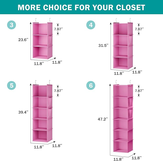 Hanging Closet Organizer, 5-Shelf Closet Hanging Storage Shelves, Light Pink-NeatNest