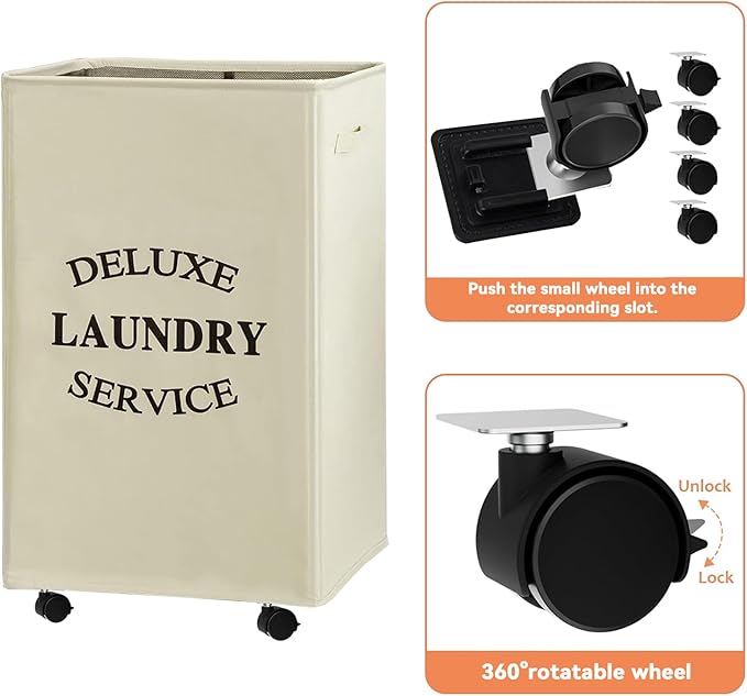 WOWLIVE Large Rolling Laundry Basket Wheels 90L Collapsible Tall Laundry Hamper Handle Foldable Dirty Clothing Basket Fold up Rectangular Hampers for Laundry Dorm Room (Beige)