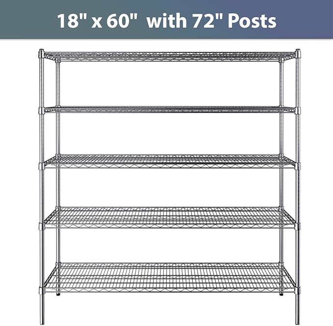 18" x 60" NSF Chrome 5-Shelf Kit with 72" Posts, Commercial Storage Rack Unit, Heavy Duty Storage Shelving, Wire Shelving Kit, Adjustable Rack Strong Steel, Multipurpose Wire Shelf