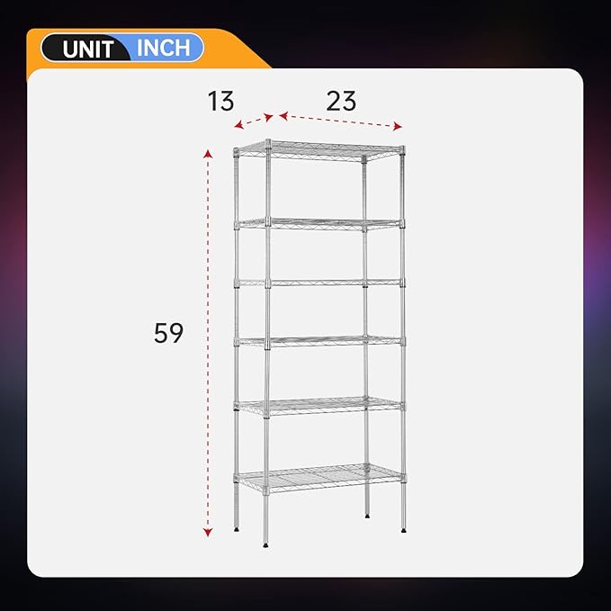 BestOffice Adjustable Wire Shelving Storage Shelves Heavy Duty Shelving Unit for Small Places Kitchen Garage (Chrome, 13" D x 23" W x 59" H)-NeatNest