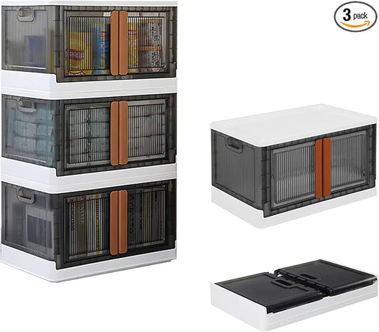 3 Pack 8.4 Gallon Collapsible Storage Boxes, Lidded Storage Box with Door and Wheels for Books, Towels and Clothes, Folding Storage Box for Home, White