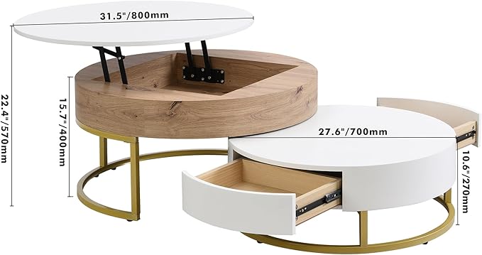 Modern Round Lift-top Nesting Coffee Tables with 2 Drawers White & Natural