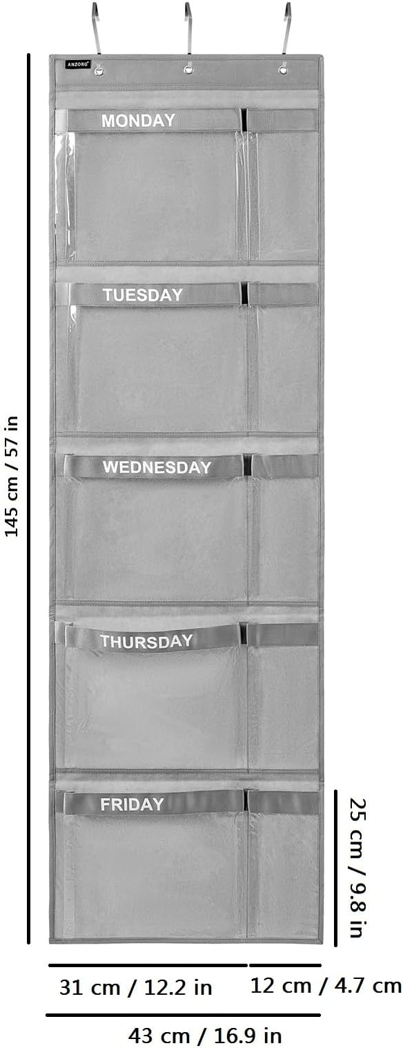 Weekly Kids Clothes Organizer Day of Week School Clothing Storage Monday to Friday Hanging Closet Organizer (Grey)-NeatNest