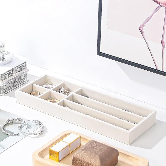 2Pcs Desk Drawer Storage Tray, Nightstand Organizer Tray, Necklace Bracelet Ring Earring Jewelry Display Tray, Grid Table Organizer Holder Tray for Sunglass, Phone, Watch, Perfume (7 grid)/Beige-NeatNest