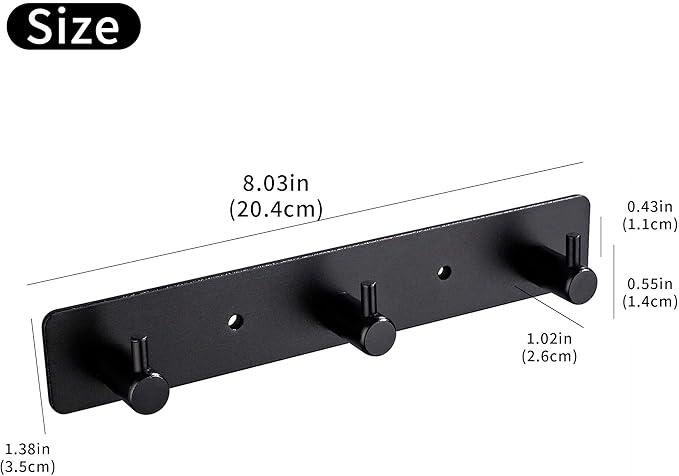 Black 3 Wall Hooks, Matte Black Bathroom Hook Rail, Self Adhesive Key Hook Rack Hanger Towel Robe Stick Hooks for Toilet Entryway Hallway Kitchen Wall Mounted-NeatNest