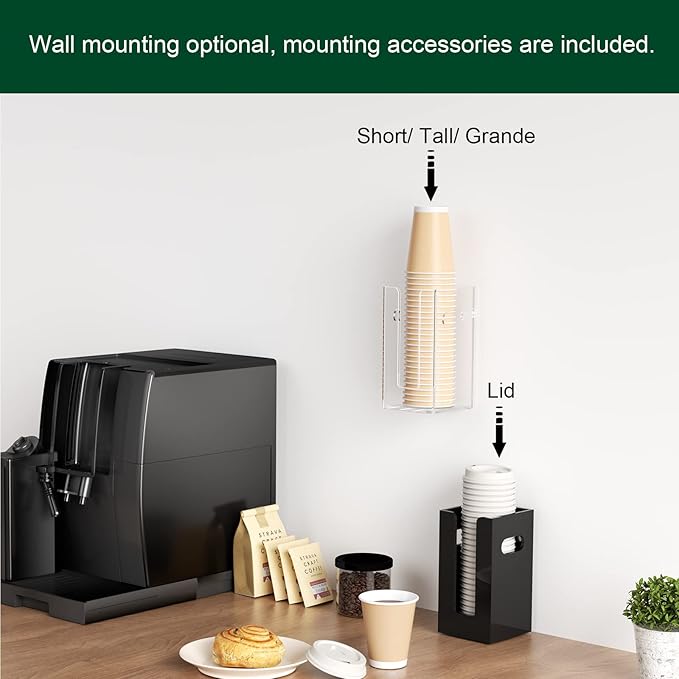 Disposable Coffee Cup Dispenser with Handles, Countertop or Wall Mount Hot/Cold Drink Cup and Lid Holder - Bathroom/Kitchen/Office Acrylic Cup Lid Storage Organizer (1 Compartment, Clear)-NeatNest