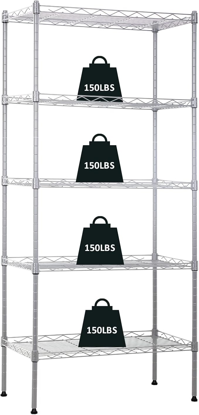 5-Tier Wire Shelving Unit Storage Shelves Metal Shelves 48"x21"x12" Heavy Duty Metal Storage Rack Wire Rack NSF Height Adjustable for Home Kitchen Bathroom Garage Shelving(Chrome)