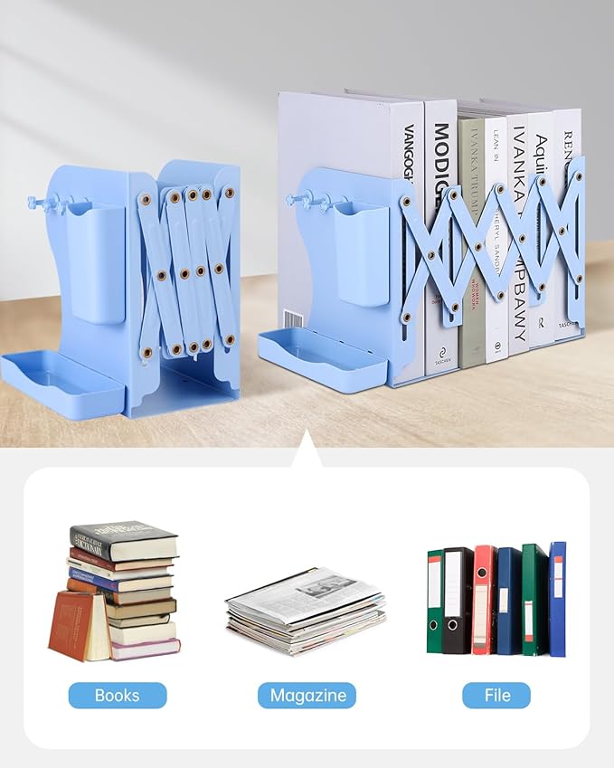 Honagu Adjustable Bookends, Metal Book Ends for Shelves Heavy Book, Desk Magazine File Organizer for Home, Office, Books, Papers with Removable Hook, Pen Holder（Light Blue）
