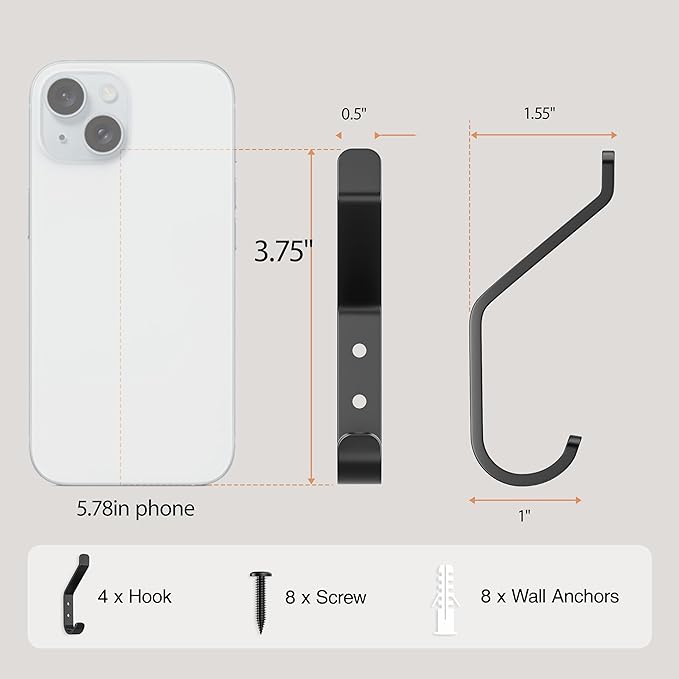 Coat Hooks Wall Mount for Hanging: 20LB Sturdy Hanger for Backpack, Towel, Bag, for Closet, Bathroom, Door, Mushroom, Stainless Black 4 Pack, 3.75"-NeatNest