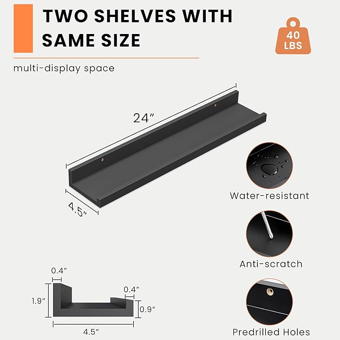 Heimlove Picture Ledge Shelf, Floating Shelves Set of 2, 24 Inches Picture Shelf for Wall with Ledge, Kids Bookshelf Wall Mounted for Living Room Bedroom Decor Books Photo Frames - Black-NeatNest