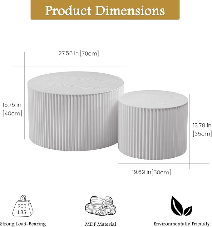 Round Coffee Table Set of 2 Modern Nesting Coffee Tables Wooden Drum Coffee Tables with Non-Slip Feet, Circle Nesting Tables End Table for Living Room Office, No Assembly (White 27.56"+19.69")