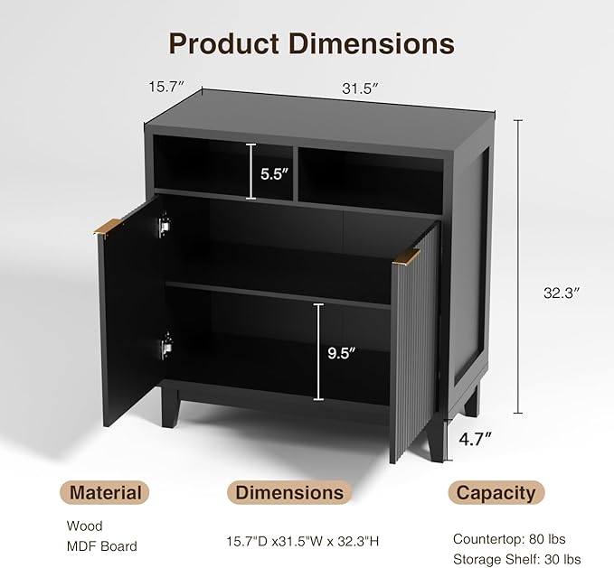 Buffet Cabinet with Storage - Elegant Fluted Storage Cabinet with Adjustable Shelves and Solid Wood Leg, Modern Buffet Sideboard for Living Room, Dining Room, Entryway-NeatNest