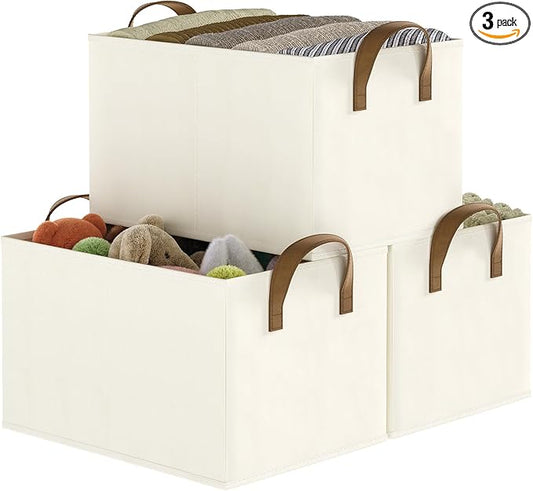Closet Storage Bins, Fabric Closet Organizers and Storage Basket for Shelves, Collapsible Shelf Baskets for Organizing Shelves, Bedroom Clothes Basket, Beige, 3 Pack-NeatNest