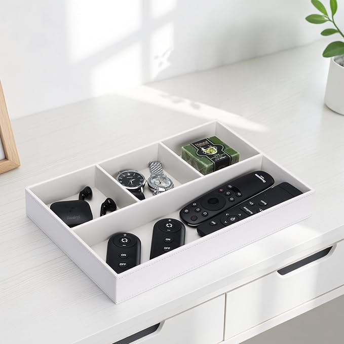 GORESE Faux Leather Valet Tray, Stackable Jewelry Trays for Dresser Table Drawer, Nightstand Organizer for Men Women, EDC Catch All Tray for Trinket, Key, Purse, Sunglass, Watch, Cologne, White-NeatNest
