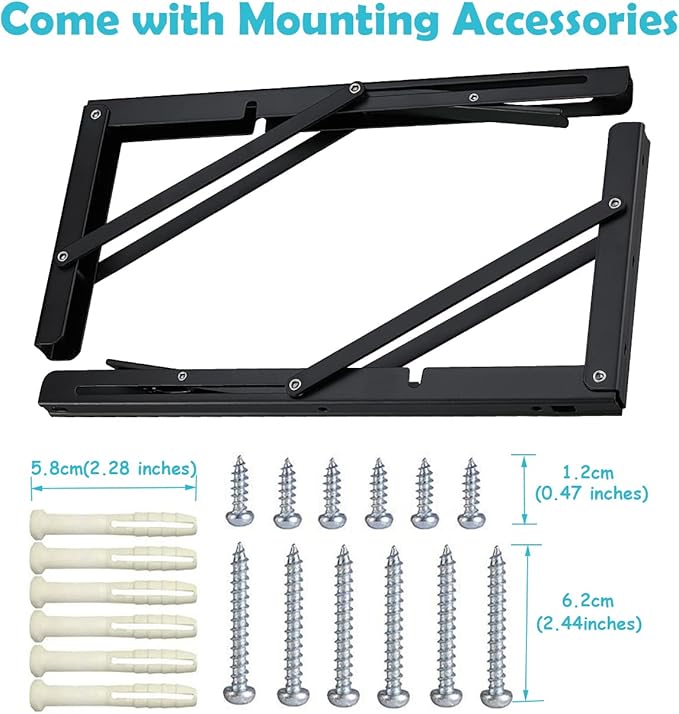 24" Black Folding Shelf Brackets Max. Load 550 lb, Heavy Duty DIY Wall Mounted Shelf Bracket Space Saving for Table Work Bench, Pack of 2