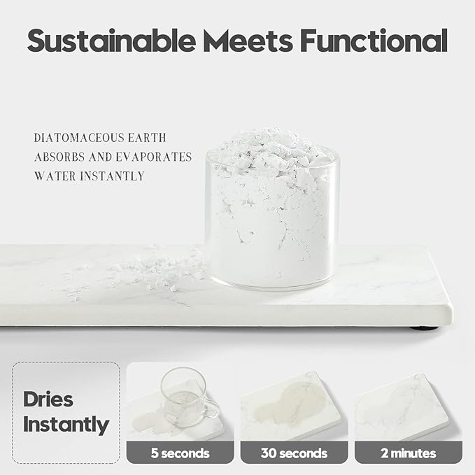 2PCS Diatomite Marble Tray Quick Drying Mat for Kitchen Counter, Water Absorbing Stone Vanity Caddy for Bathroom Sink,Faucet Splash Guard,Soap Dispenser Rack Sponge Holder Organizer, White, 9"x3.5"-NeatNest