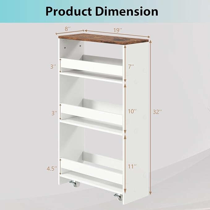 POWERSTONE 4-Tier Slim Storage Cart, Narrow Kitchen Rolling Cart w/Handle & Open Shelves, Skinny Slide Out Utility Organizer Trolley for Kitchen Bathroom Laundry Small Spaces White & Rustic Brown