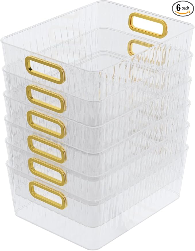 6 Packs Plastic Storage Organizer Bins with Handle for Refrigerator Kitchen Pantry, Clear Shelf Closet Basket Bins