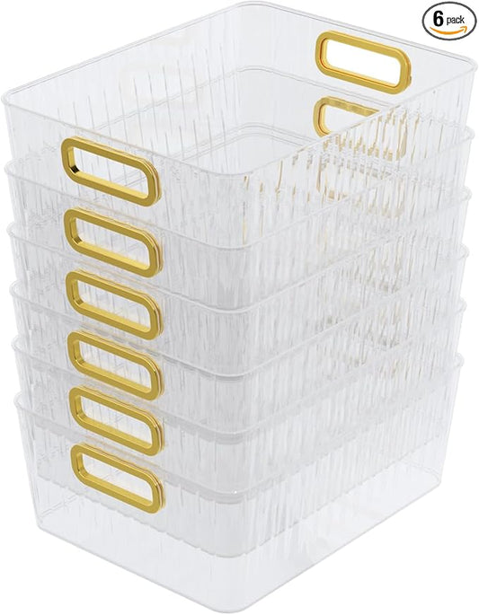 6 Packs Plastic Storage Organizer Bins with Handle for Refrigerator Kitchen Pantry, Clear Shelf Closet Basket Bins