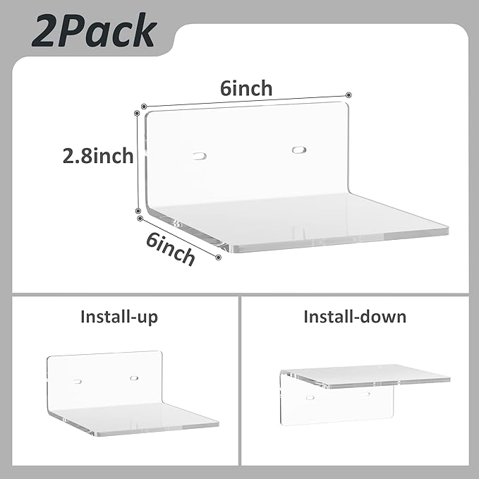 6 Inches Acrylic Small Wall Shelves 2 Pack, Floating Shelf for Wall Mounting, Acrylic Display Ledges for Funko Pop Figures, Home Décor, Living Room, Gaming Room, Plants(6 inch, Clear)-NeatNest