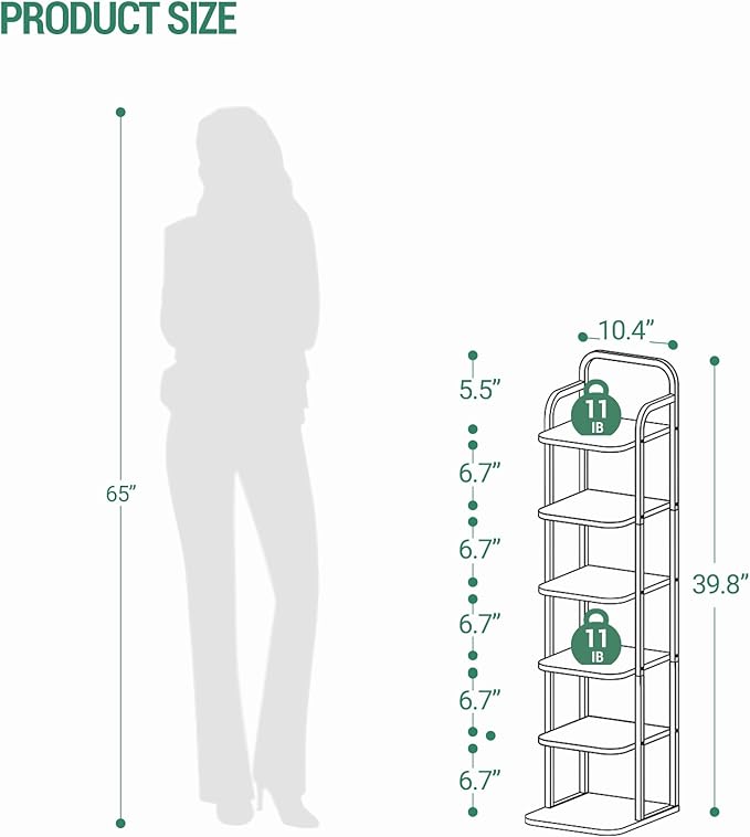 6 Tiers Vertical Shoe Rack, Narrow Shoe Tower, Tall Shoes Shelf with 2 Hooks, Adjustable Shelves, Corner Shoes Shelves for Small Spaces, Entryway, Living Room, Rustic Brown SR04201B-NeatNest