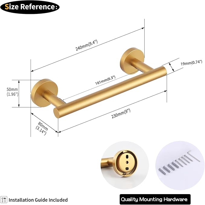 GERZWY 9-Inch Bathroom Towel Bar Gold Stainless Steel Bath Hand Towel Holder Modern Round Style Wall Mount AG1101C23-BE