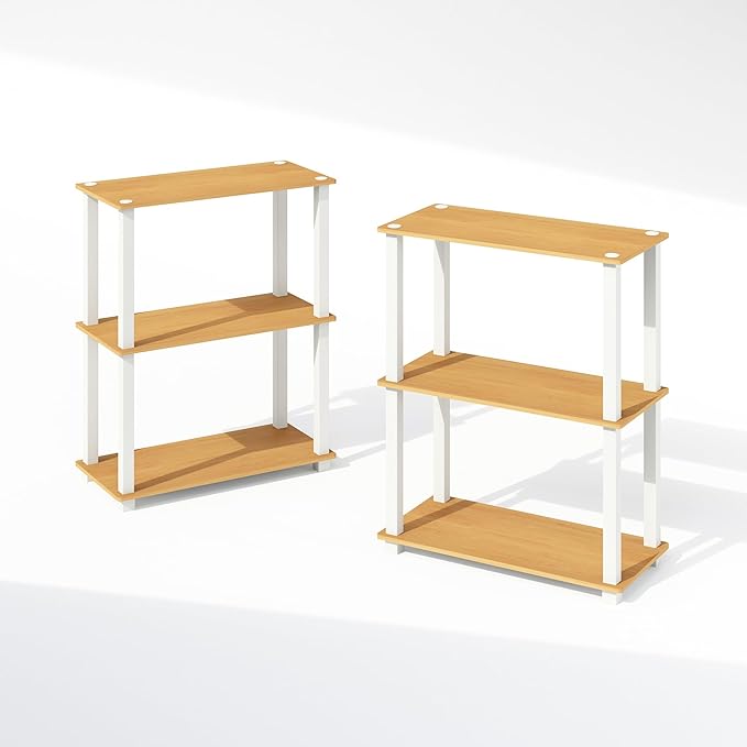 Furinno Turn-S-Tube 3-Tier Compact Multipurpose Shelf Display Rack with Square Tube, Beech/White, Set of 2-NeatNest