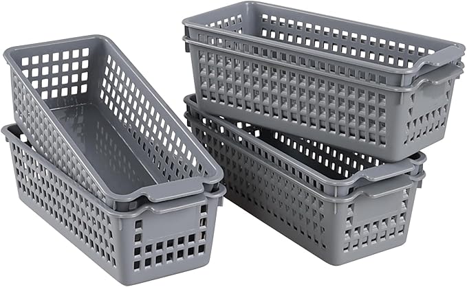 6 Packs Slim Plastic Storage Trays Baskets,Pencil Organizer 11.61" x 5.03", Grey-NeatNest