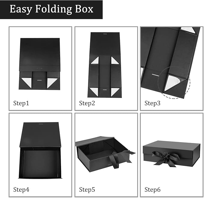 Gift Box with Lid for Presents 10.5x7.5x3.1 Inches with Ribbon and Magnetic Closure(5-Pack) (Black)-NeatNest