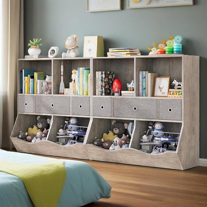 IDEALHOUSE 7-Cubby Large Kids Toy Storage Organizer, Children Wood Bookcase and Bookshelf, 3-Tier Toy Storage Cabinet with 3 Drawers for Hallway, Playroom, Living Room, School,Gray