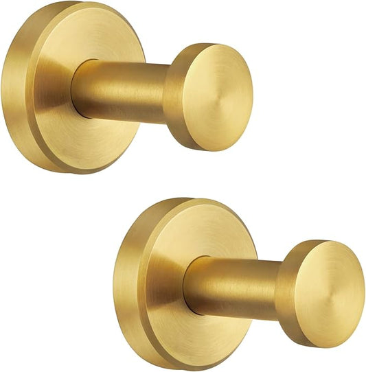 APLusee Brushed Gold Bathroom Towel Hooks 2 Pack, 304 Stainless Steel Robe Hooks for Kitchen Garage, Wall Mounted